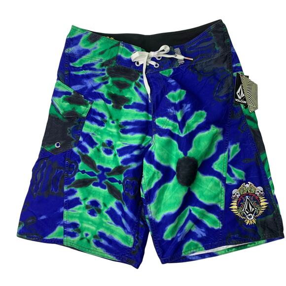 NWT Volcom Mens Size 30 Green Blue Black Tie Dye Swim Shorts Board Shorts Trunks - Picture 1 of 9